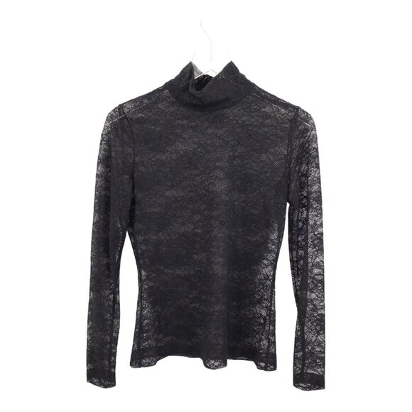St. John Tops - St. John Women’s Lace Mock Neck Top Black Long Sleeve Sheer Blouse Size P Petite